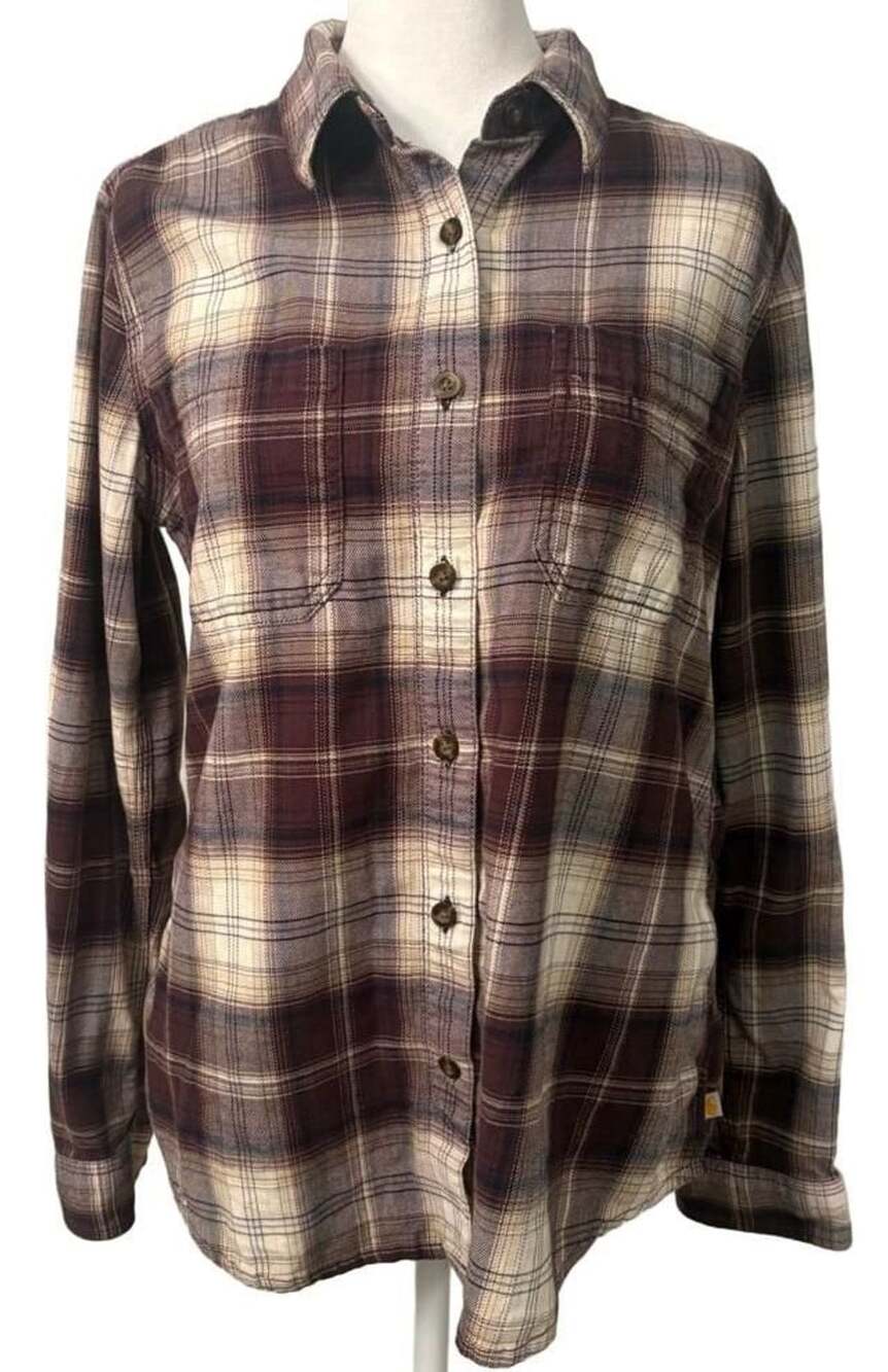 Carhartt Plaid Flannel Shirt Brown Cream Blue Button Up Workwear Womens Medium